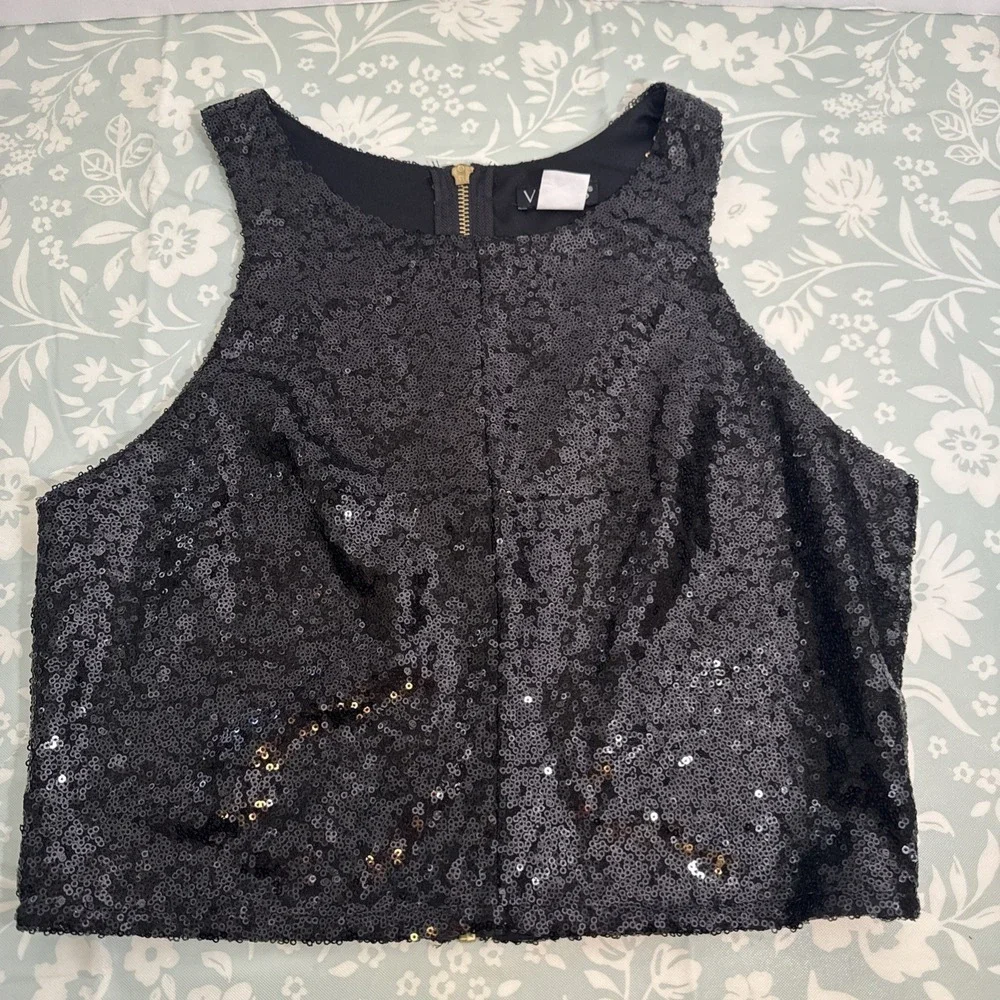Venus Black Sequin Cropped Tank Top Zipper Back Party Formal NWOT Womens Size 8 - Picture 5 of 7